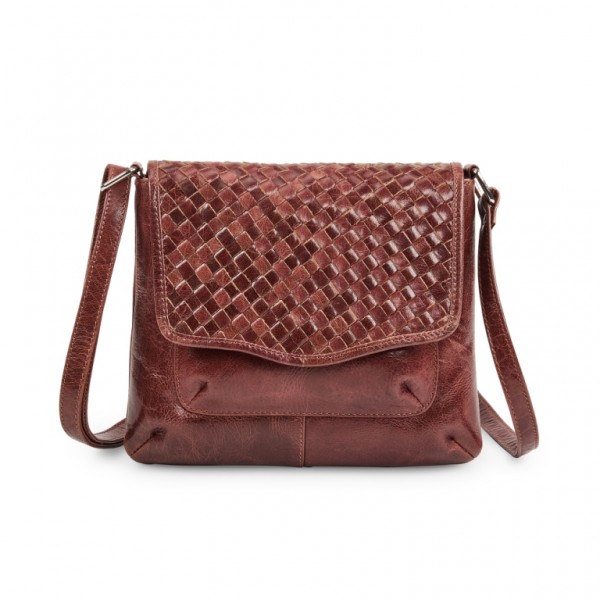 Γυναικεία Δερμάτινη τσάντα χιαστί πλέξη σε καφέ