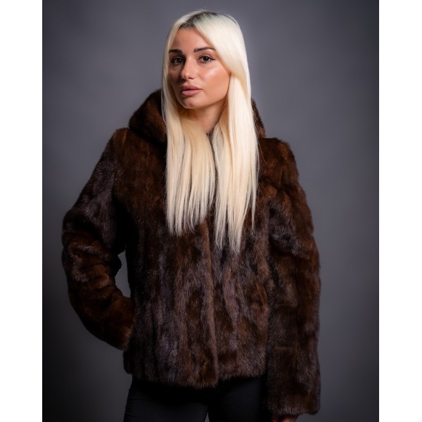 Γυναικεία Γούνα Βιζόν Καφέ με κουκούλα