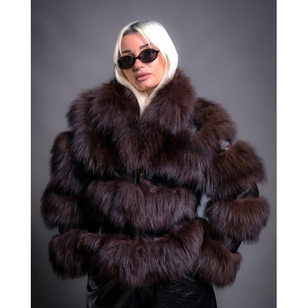 Γούνινη κοντή ζακέτα αλεπού σε σκούρο καφέ