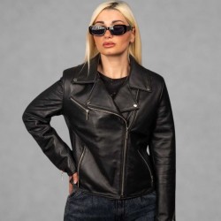  Δερμάτινο Γυναικείο Μπουφάν Μαύρο 