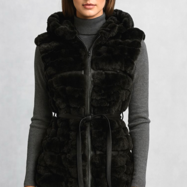 Αμάνικη γούνα ρεξ λαγός σε μαύρο 