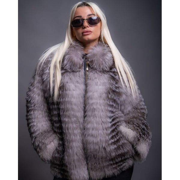 Γούνινη ζακέτα αλεπού σε ριγέ καφέ με άσπρο