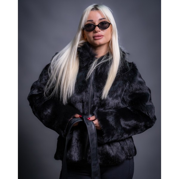 Ζακέτα από γνήσια γούνα ρεξ λαγός σε μαύρο