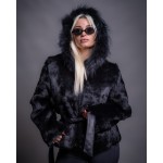 Ζακέτα από γνήσια γούνα ρεξ λαγός σε μαύρο