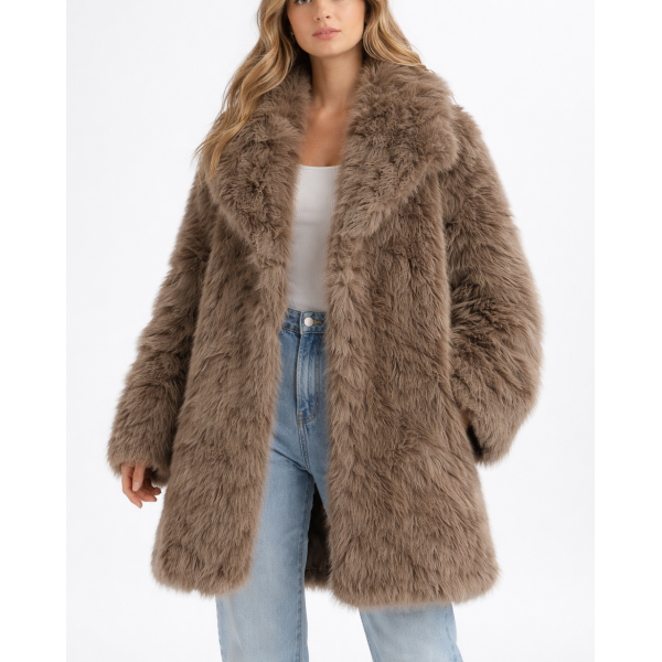 Οικολογική Μακρία Γούνα Παλτό σε Καφέ Γκρί  