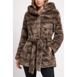 Ριγέ Καφέ Οικολογική Γούνα με Κουκούλα