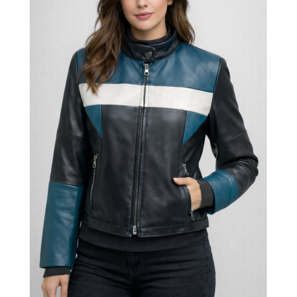 Δερμάτινο Κοντό Μπούφαν Ρίγα Μπλέ Ασπρή