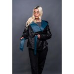 Δερμάτινο γυναικείο μπουφάν δίχρωμο μαύρο πετρόλ