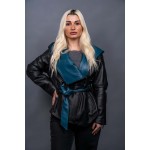 Δερμάτινο γυναικείο μπουφάν δίχρωμο μαύρο πετρόλ