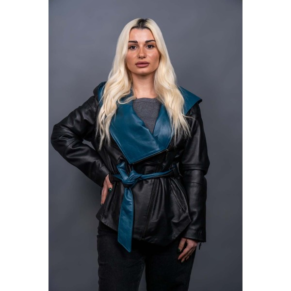 Δερμάτινο γυναικείο μπουφάν δίχρωμο μαύρο πετρόλ