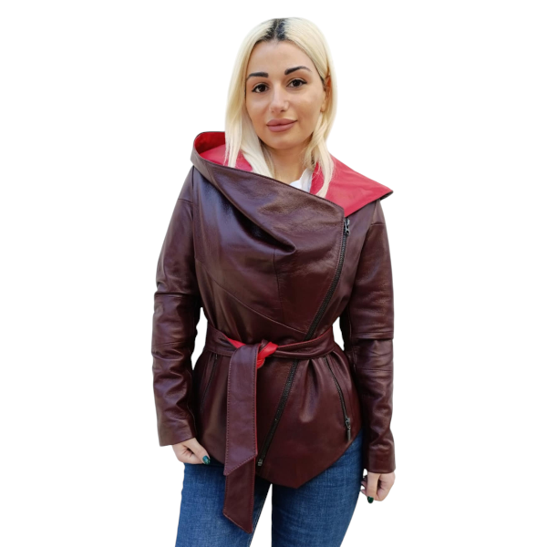 Δερμάτινο Γυναικείο Μπουφάν Δίχρωμο Μπορντό Κόκκινο  